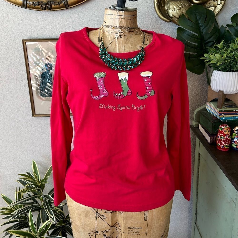 Bechamel Red Green Christmas Stocking Making Spirits Bright Long Sleeve Tee Sz M
